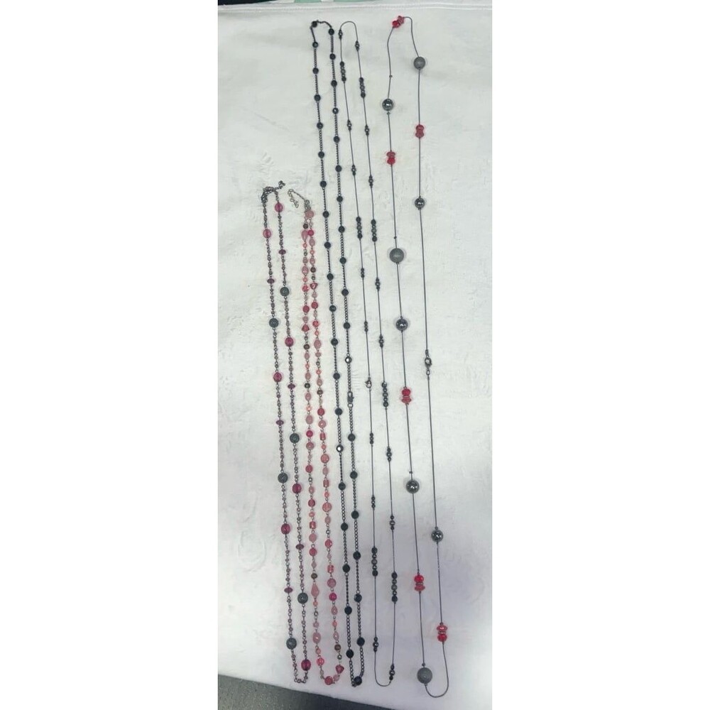 5 long colorful-black, silver, pink & purple necklaces